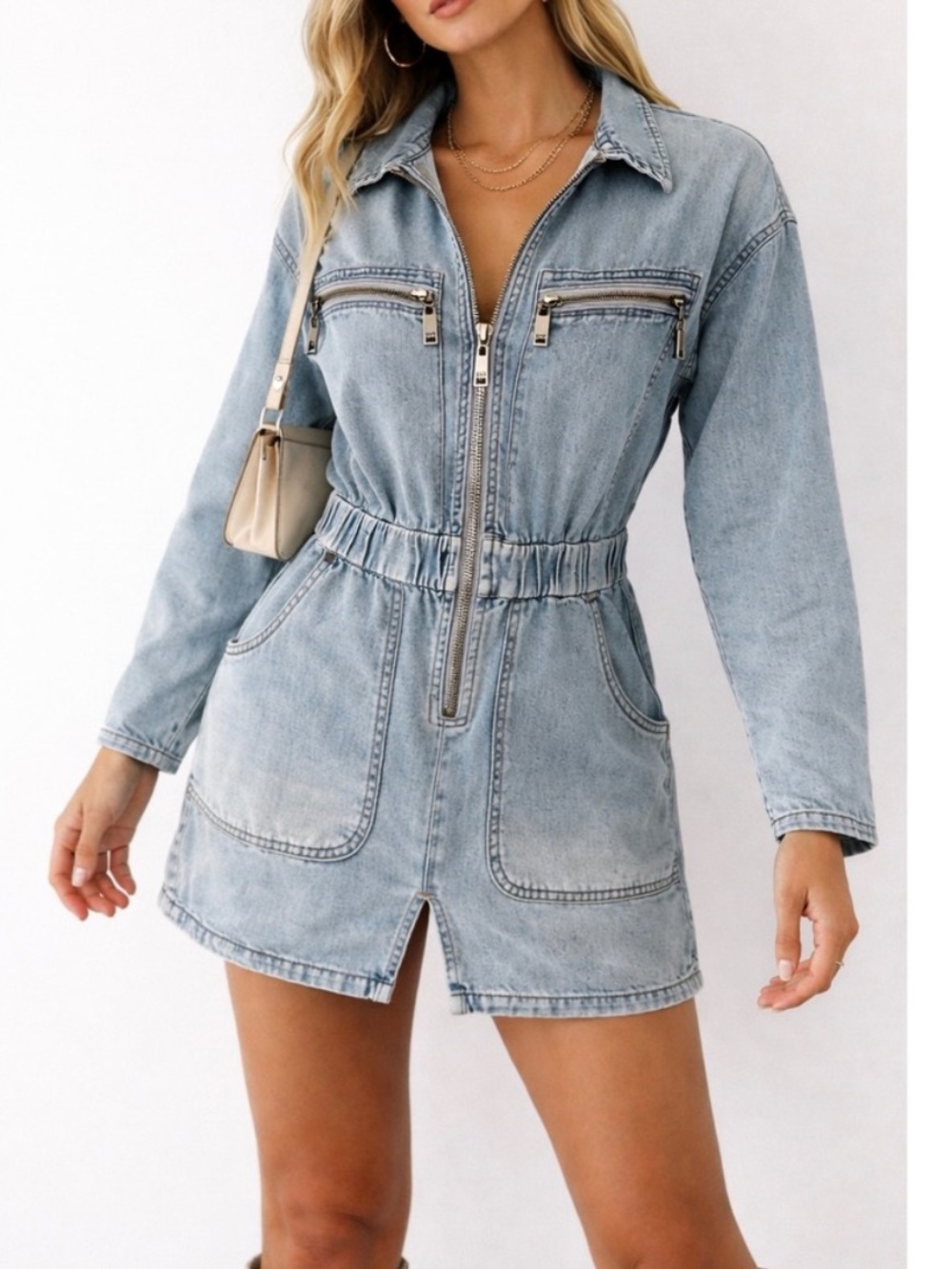 One Teaspoon Light Blue Denim Zip-Front Women's Overalls Dress